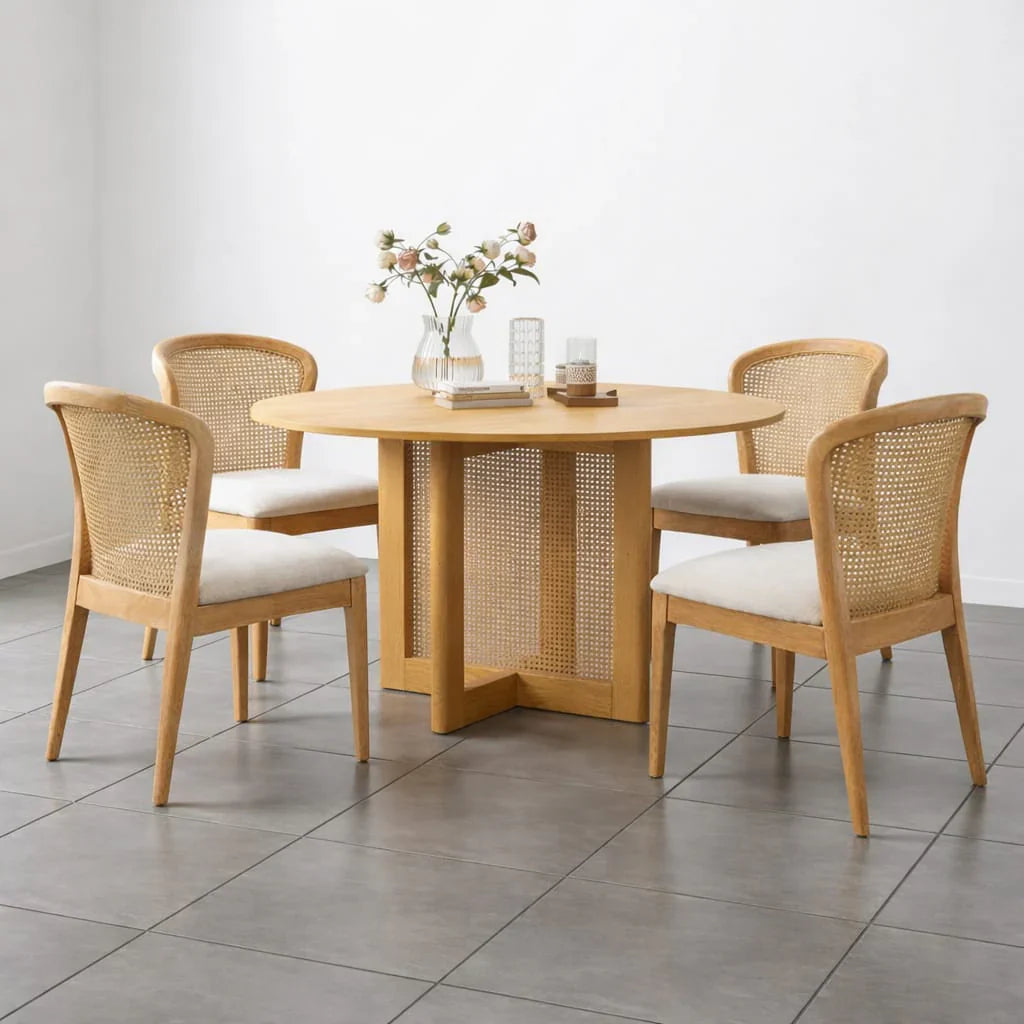 Modern Solid Wood Round Dining Table Set with Cane/Rattan Back Chairs – 4 Seater