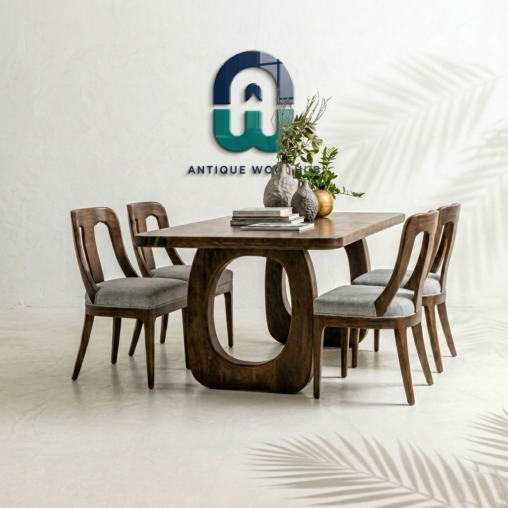 Solid Teak Wood Dining Table Set with 4 Chairs | Modern Sculpted Wooden Dining Set with Upholstered Seats