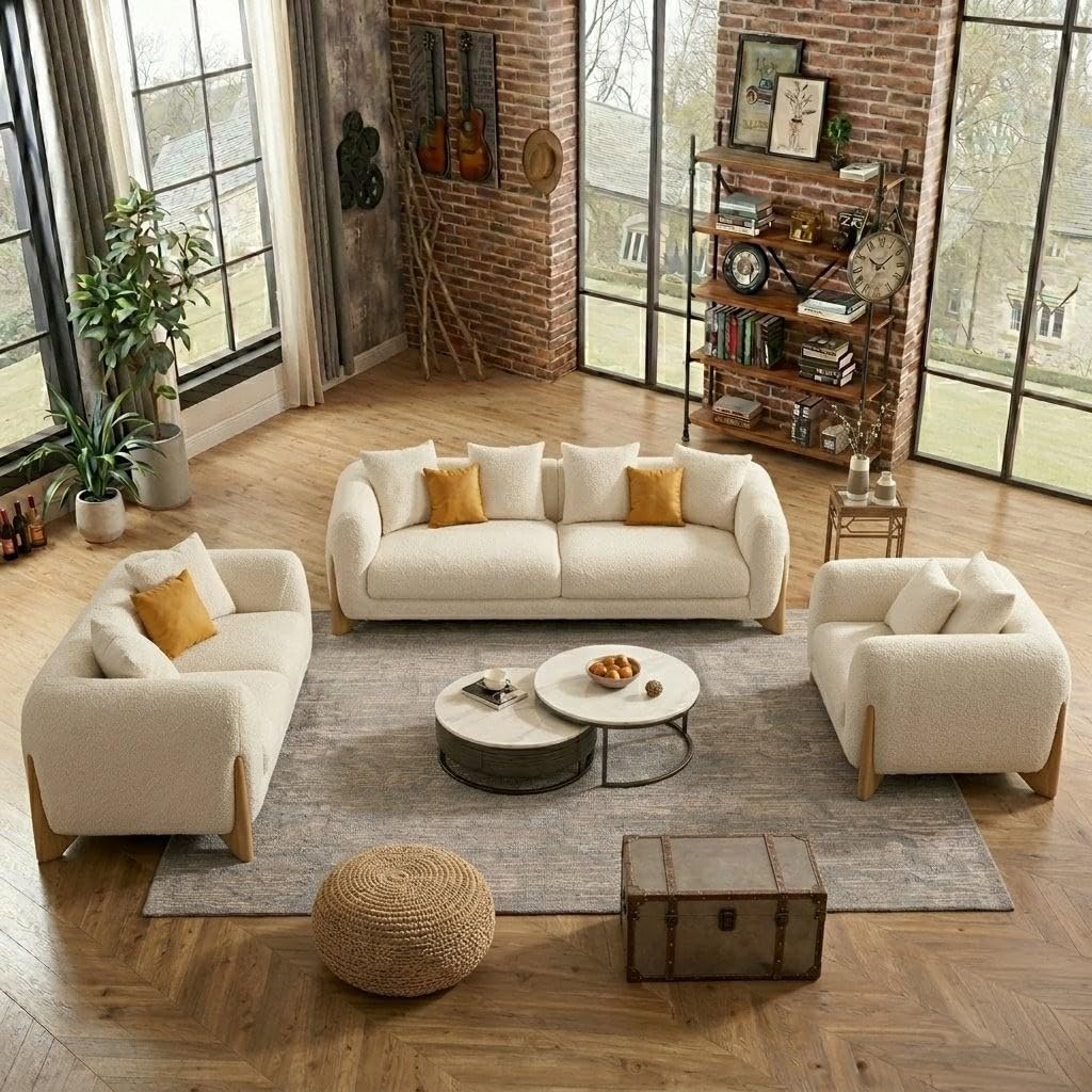 Antique Wood Hub boucle sofa - 3+2+1 Seater, As Shown