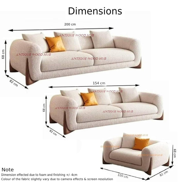 Dimensions of a beige sofa with yellow cushions on a white background
