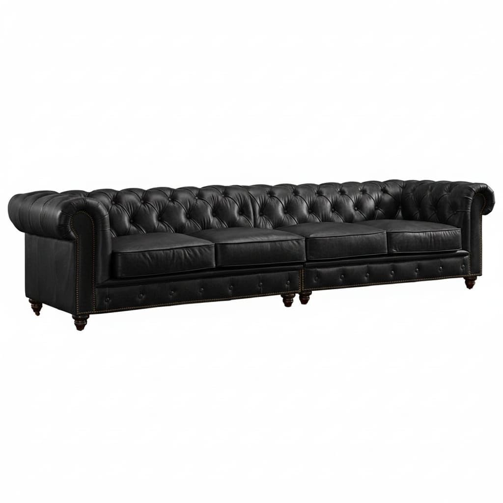 Antique Wood Hub Chesterfield sofa in Black Leatherette, 2+2 = 4 Seater Sofa