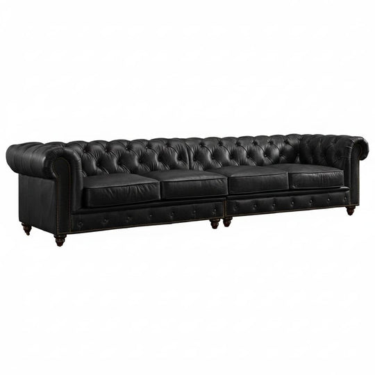 Antique Wood Hub Chesterfield sofa in Black Leatherette, 2+2 = 4 Seater Sofa