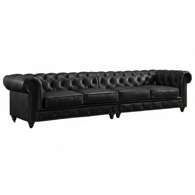 Antique Wood Hub Chesterfield sofa in Black Leatherette, 2+2 = 4 Seater Sofa
