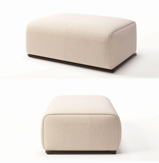 an Allora Living Vento collection pouf/ottoman in a soft, rounded design with a subtle wooden base