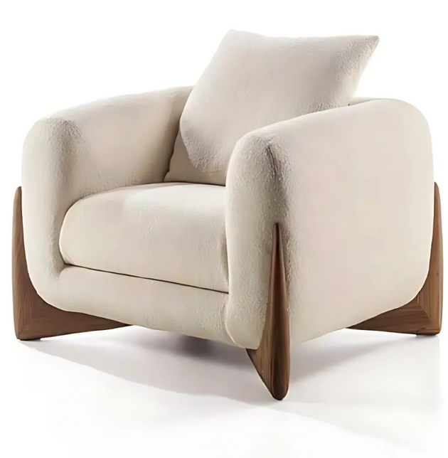 armchair with a Canaletta walnut wood base and a light-colored fabric upholstery. 
