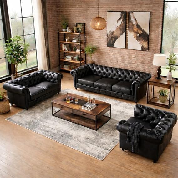 Antique Wood Hub Chesterfield sofa in Black Leatherette, 3+2+1 = 6 Seater Sofa