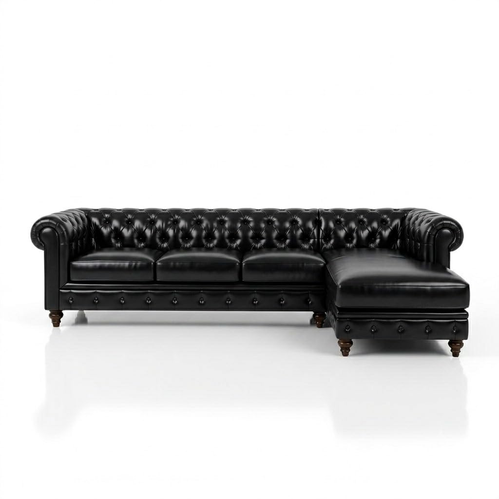 Antique Wood Hub 5-seater Chesterfield L-shaped sofa design and upholstery detail