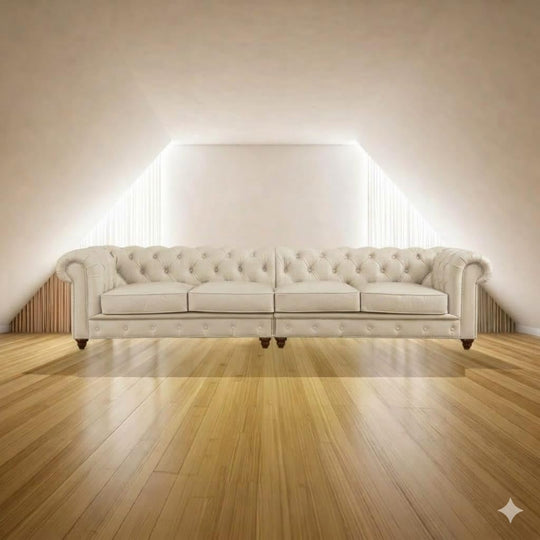 Antique Wood Hub Chesterfield sofa in Off-White, 2+2 = 4 Seater Sofa