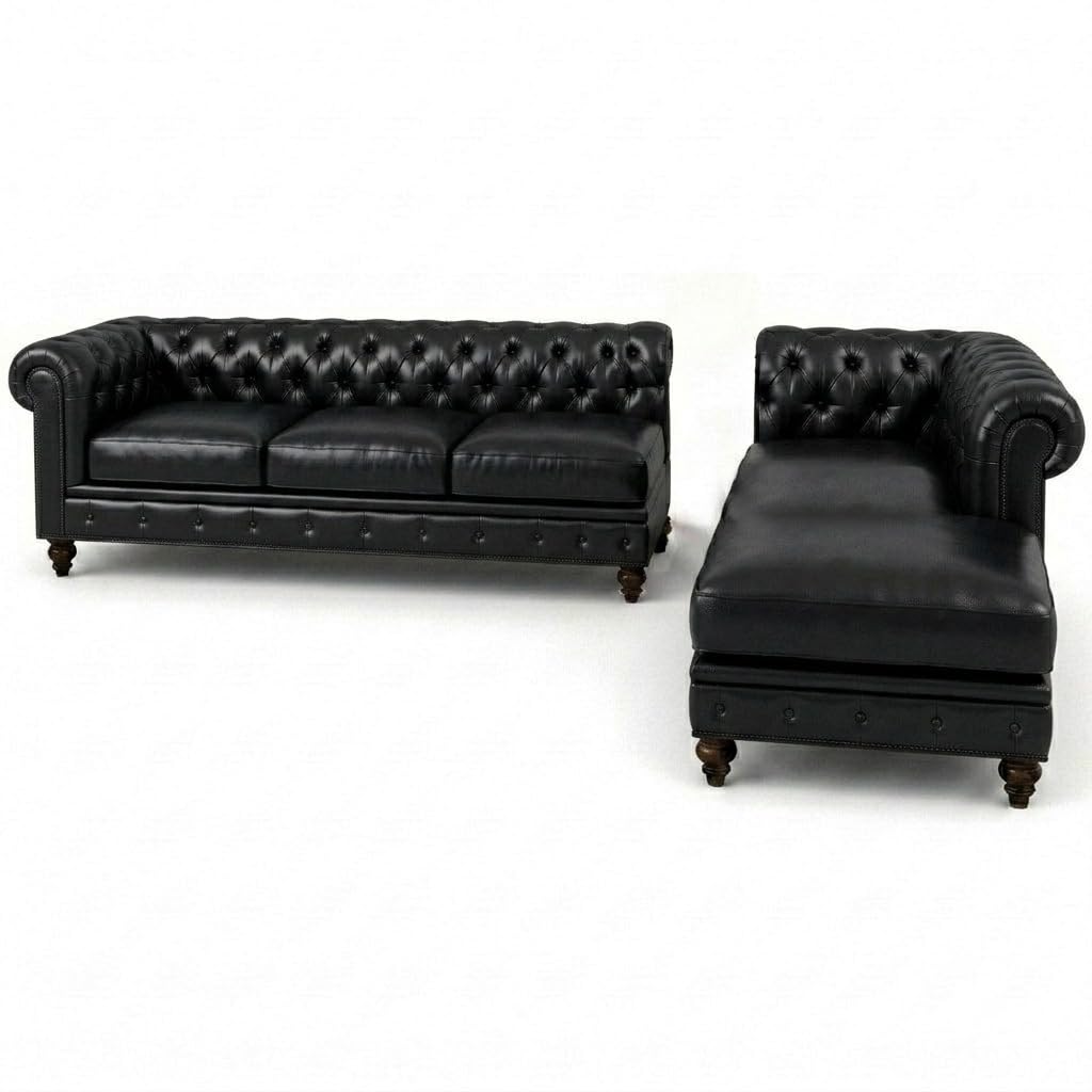 Antique Wood Hub 5-seater Chesterfield L-shaped sofa design and upholstery detail