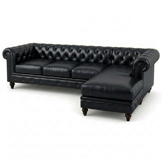 Antique Wood Hub 5-seater Chesterfield L-shaped sofa design and upholstery detail