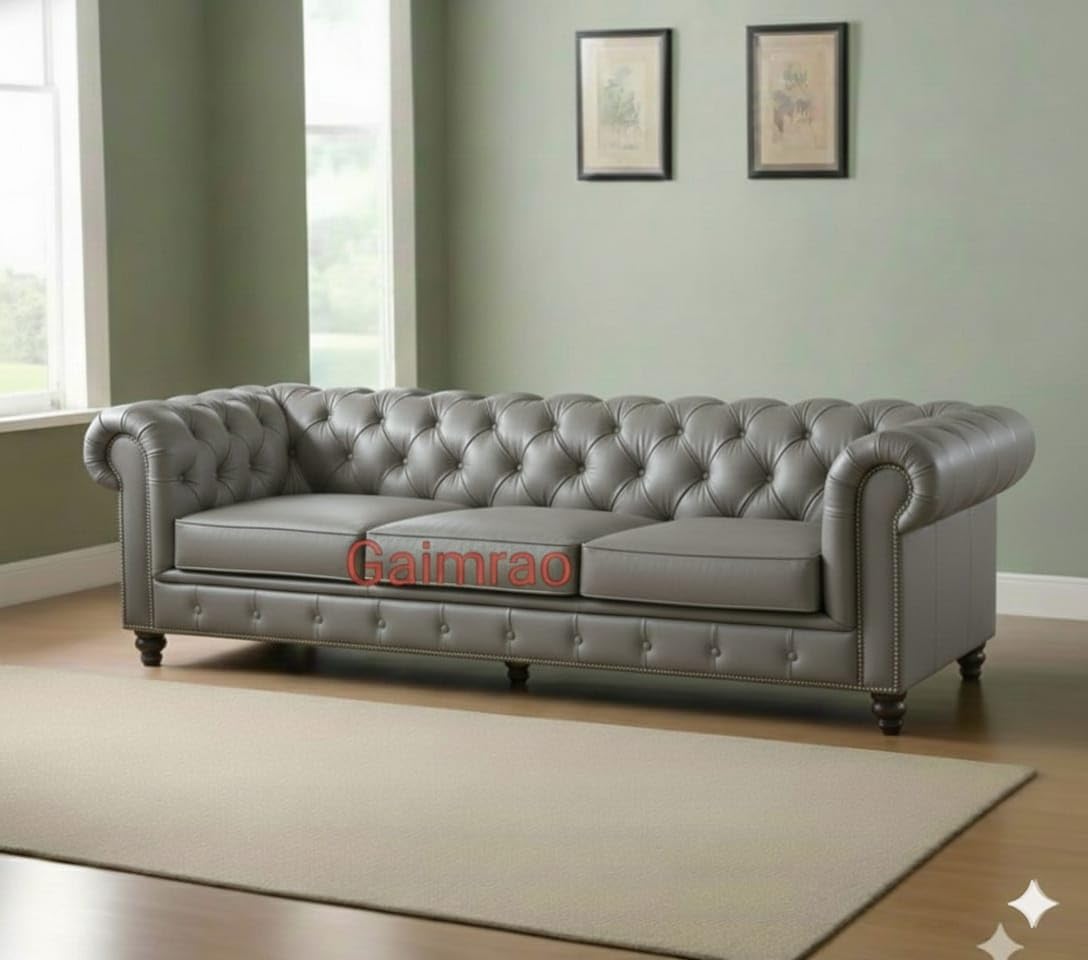 Antique Wood Hub Chesterfield sofa in Grey Leatherette, 3 Seater Sofa