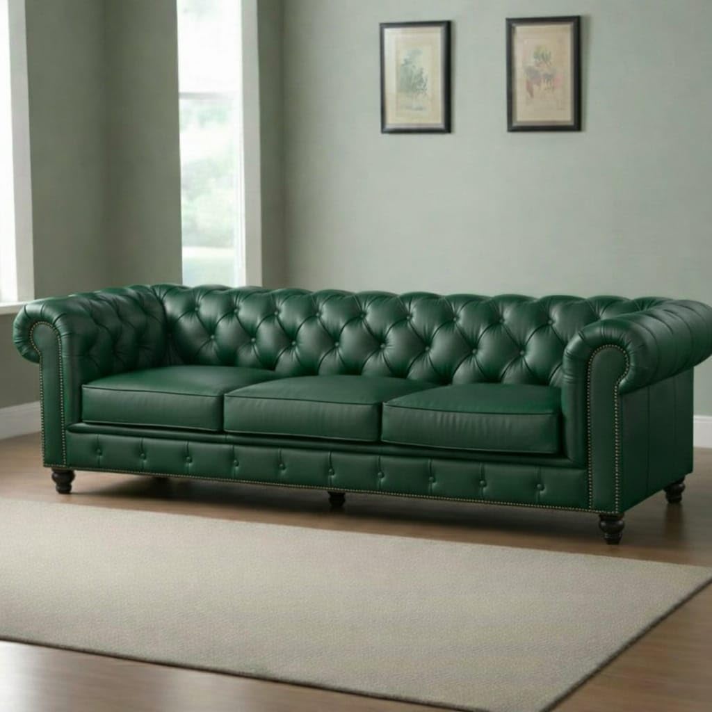 Antique Wood Hub Chesterfield sofa in Bottle Green Leatherette, 3 Seater Sofa
