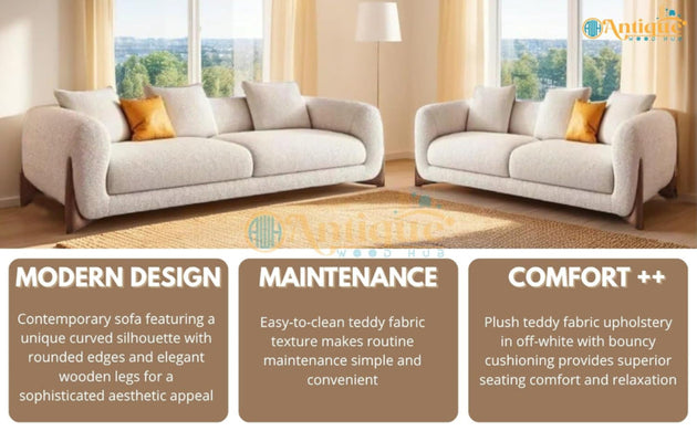 Two beige sofas in a living room with text on modern design, maintenance, and comfort.