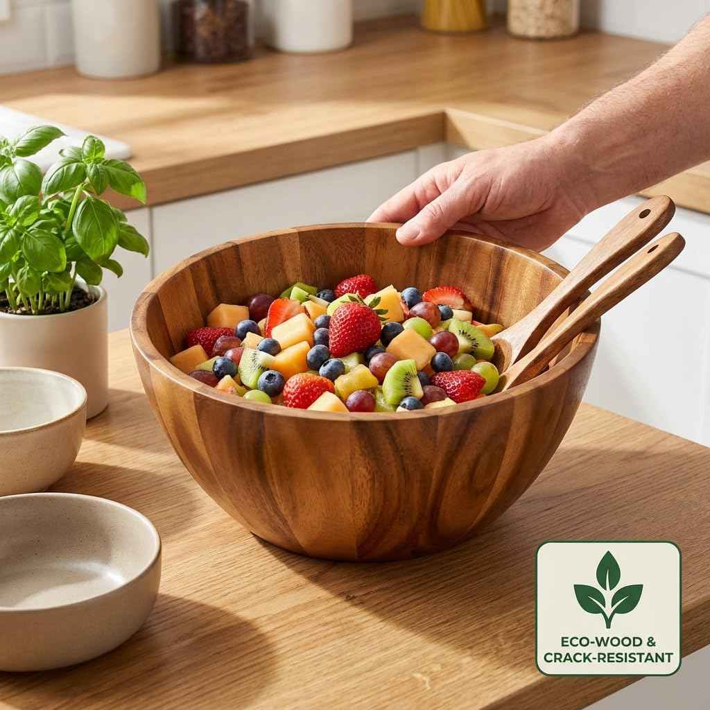 Acacia Wood Salad Bowl Set with 2 Serving Spoons | Large Wooden Fruit & Pasta Bowl | Rustic Kitchen Serving Bowl
