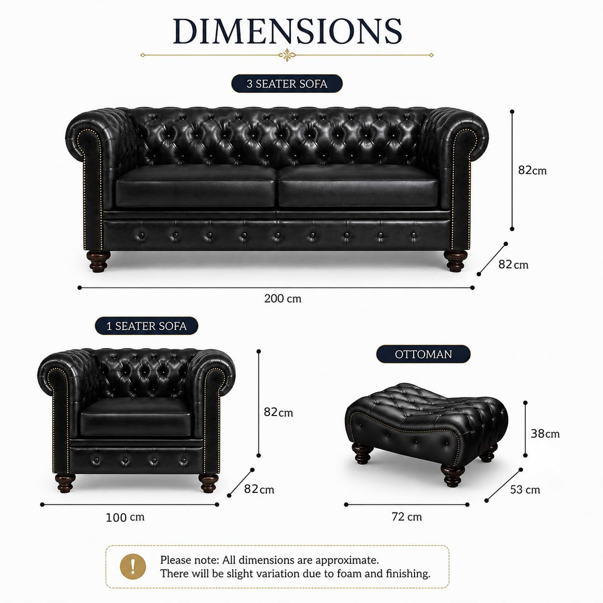 Antique Wood Hub Chesterfield 3+1 leatherette sofa set with ottoman – additional gallery image 1