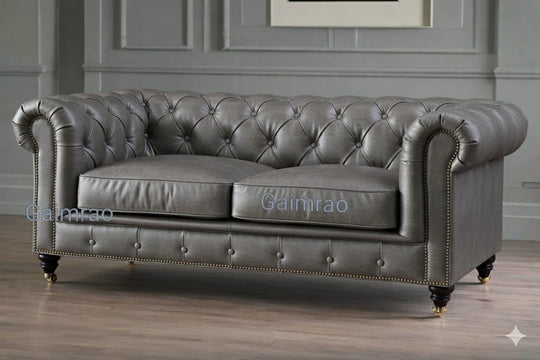 Antique Wood Hub Chesterfield sofa in Grey Leatherette, 2 Seater Sofa