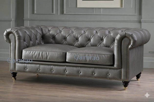 Antique Wood Hub Chesterfield sofa in Grey Leatherette, 2 Seater Sofa