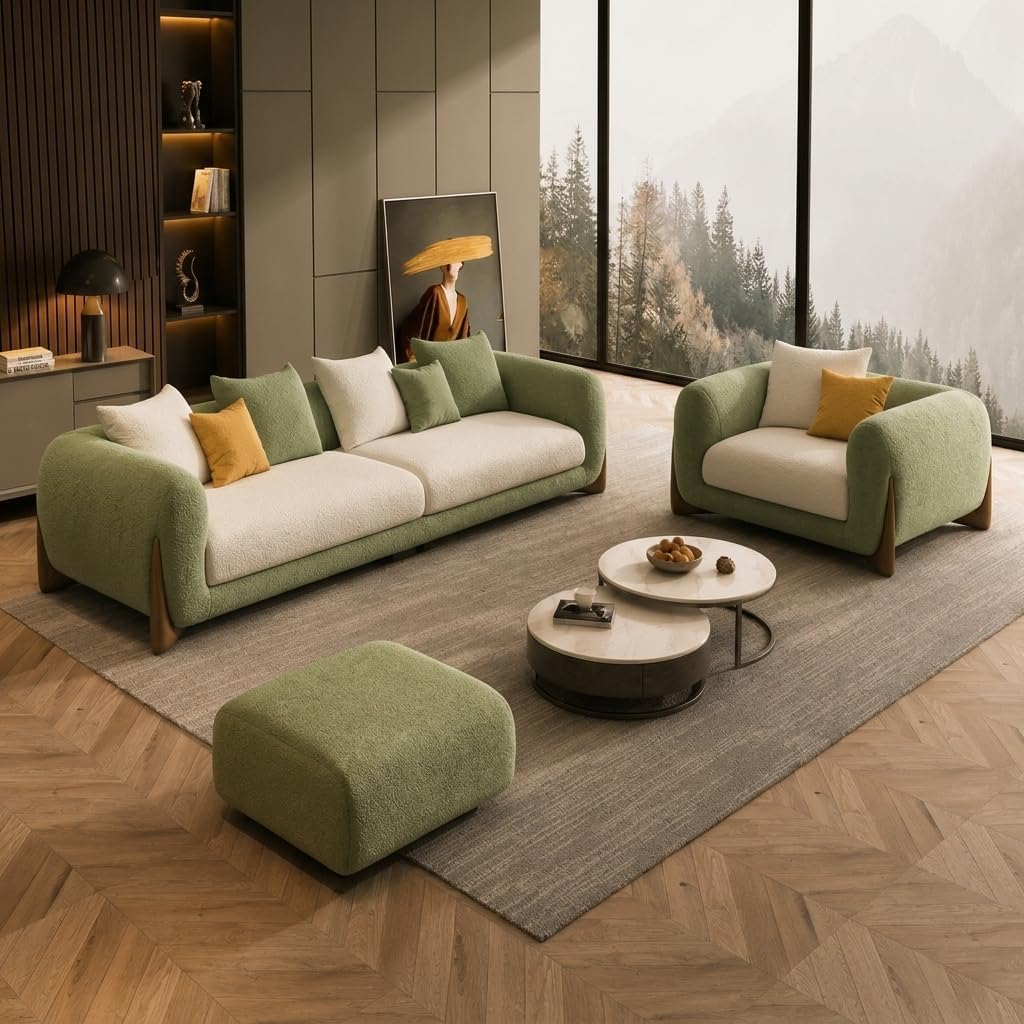 Off White & Olive Chesterfield sofa set – 3 Seater + 1 Seater + Ottoman, Antique Wood Hub