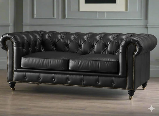 Antique Wood Hub Chesterfield sofa in Black Leatherette, 2 Seater Sofa