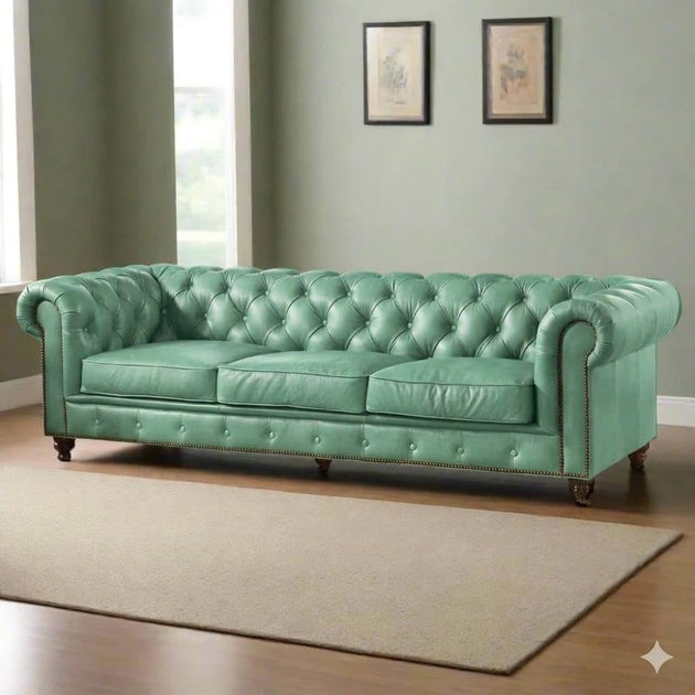 Antique Wood Hub Chesterfield sofa in Mint Green Leatherette, 3 Seater Sofa