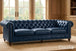 Antique Wood Hub Chesterfield sofa in Blue Leatherette, 3 Seater Sofa