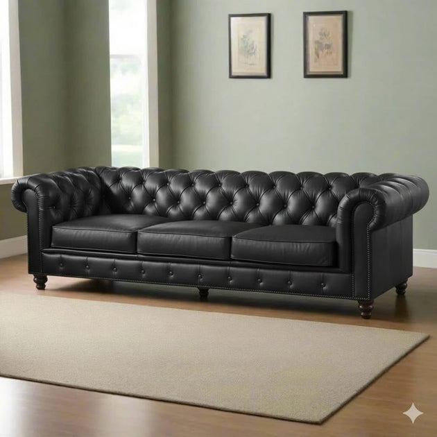 Antique Wood Hub Chesterfield sofa in Black Leatherette, 3 Seater Sofa