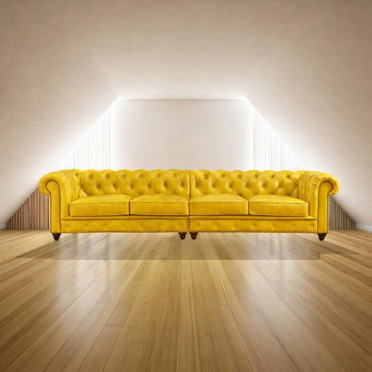 Antique Wood Hub Chesterfield sofa in Yellow Leatherette, 2+2 = 4 Seater Sofa