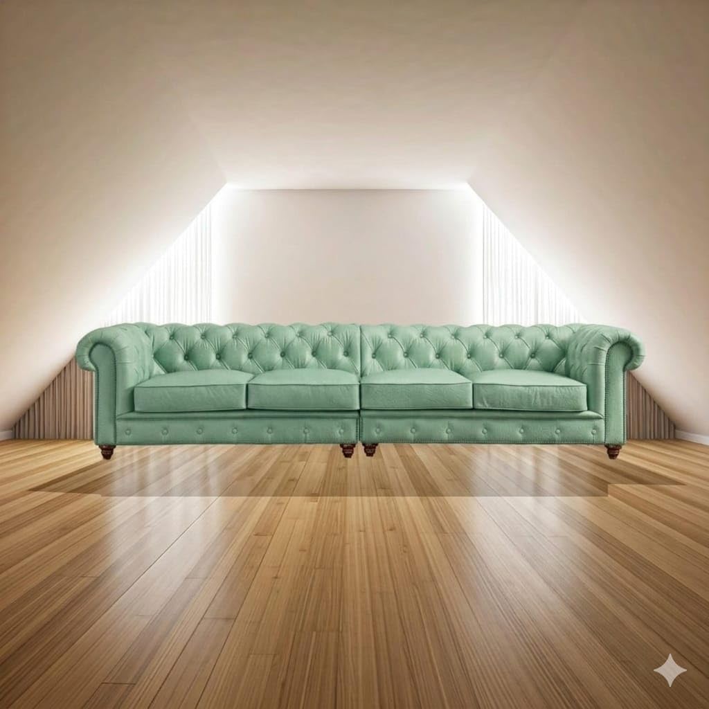 Antique Wood Hub Chesterfield sofa in Mint Green Leatherette, 2+2 = 4 Seater Sofa