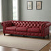Antique Wood Hub Chesterfield sofa in Maroon Leatherette, 3 Seater Sofa