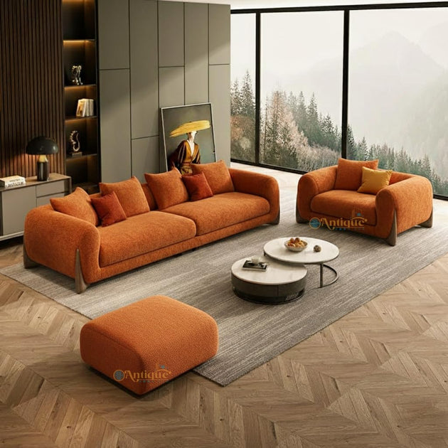 Antique Wood Hub sofa in Rust Orange Boucle, 3+1 = 4 Seater Sofa + Ottoman
