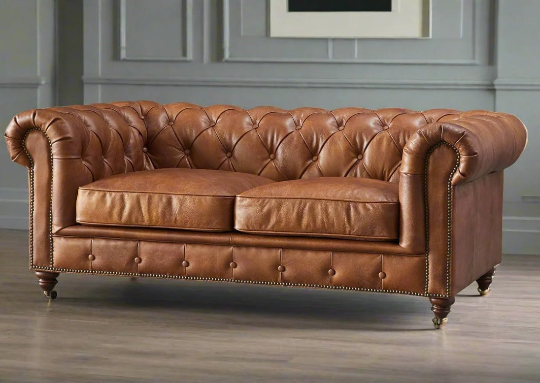 Antique Wood Hub Chesterfield sofa in Brown Leatherette, 2 Seater Sofa