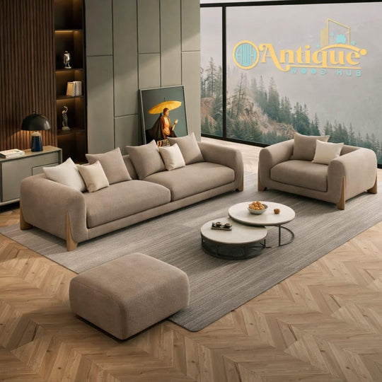 Antique Wood Hub sofa in Taupe Boucle, 3+1 = 4 Seater Sofa + Ottoman