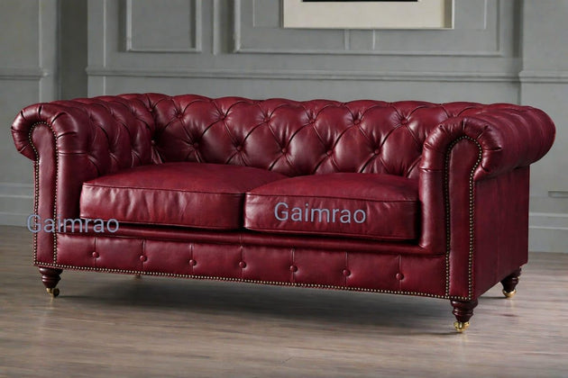 Antique Wood Hub Chesterfield sofa in Maroon Leatherette, 2 Seater Sofa