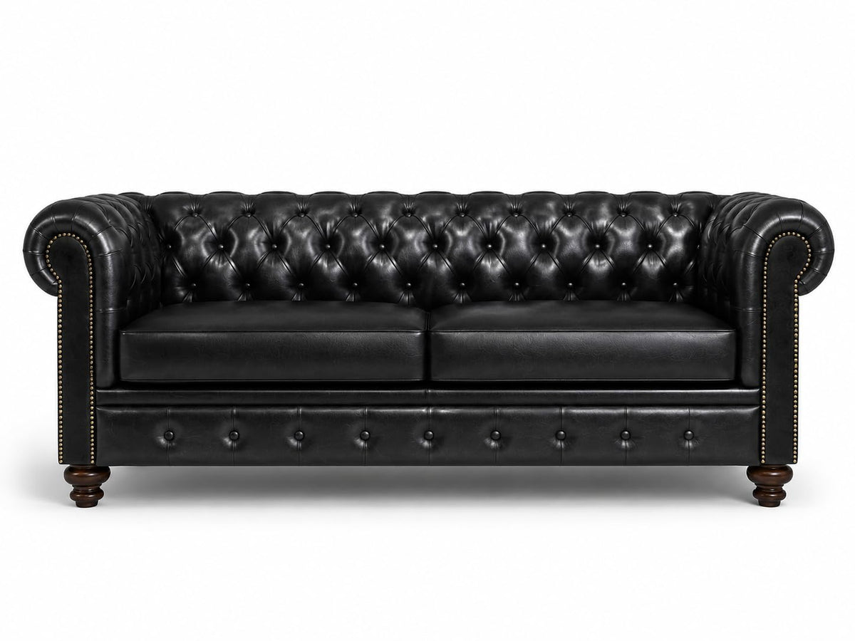 Antique Wood Hub Chesterfield 3+1 leatherette sofa set with ottoman – additional gallery image 3