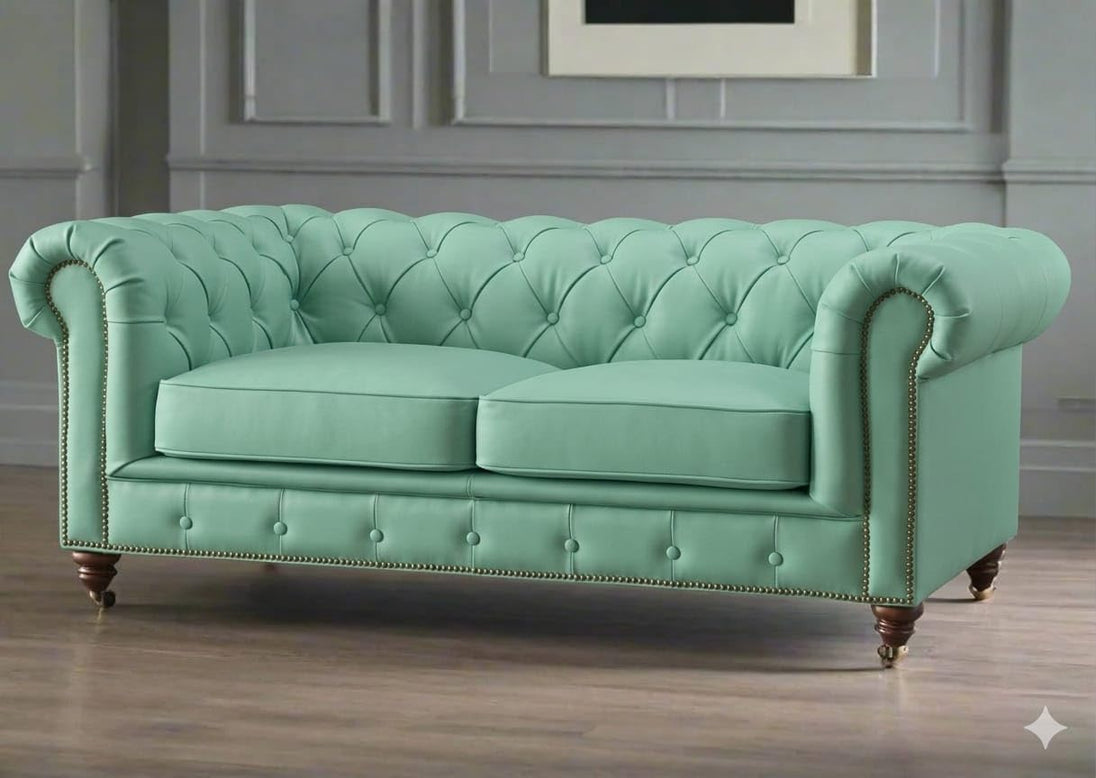 Antique Wood Hub Chesterfield sofa in Mint Green Leatherette, 2 Seater Sofa