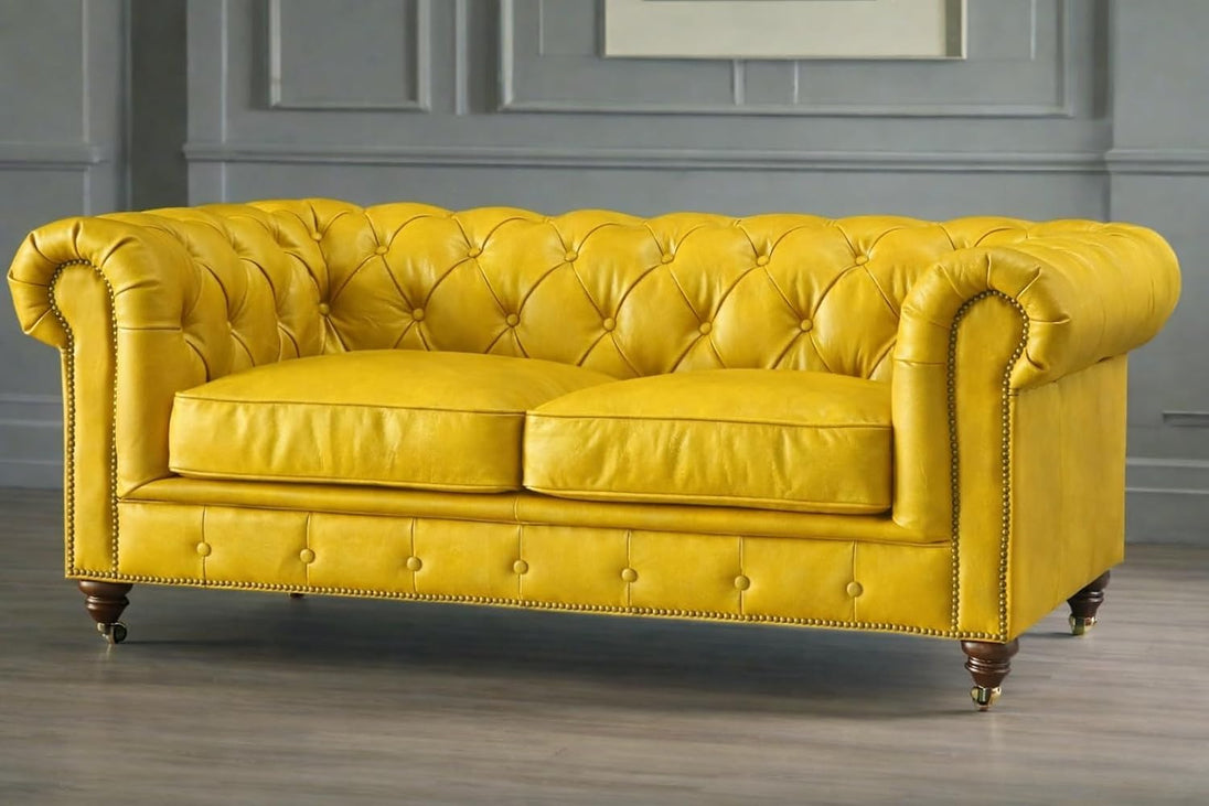 Antique Wood Hub Chesterfield sofa in Yellow Leatherette, 2 Seater Sofa