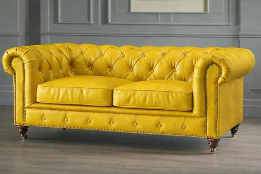 Antique Wood Hub Chesterfield sofa in Yellow Leatherette, 2 Seater Sofa