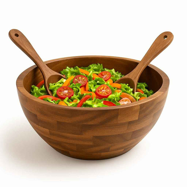 Acacia Wood Salad Bowl Set with 2 Serving Spoons | Large Wooden Fruit & Pasta Bowl | Rustic Kitchen Serving Bowl