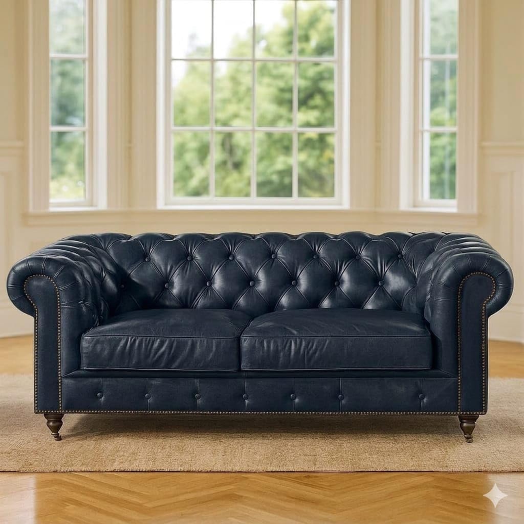 Antique Wood Hub Chesterfield sofa in Blue Leatherette, 2 Seater Sofa