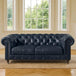 Antique Wood Hub Chesterfield sofa in Blue Leatherette, 2 Seater Sofa