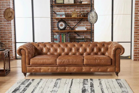Antique Wood Hub Chesterfield sofa in Brown Leatherette, 3 Seater Sofa