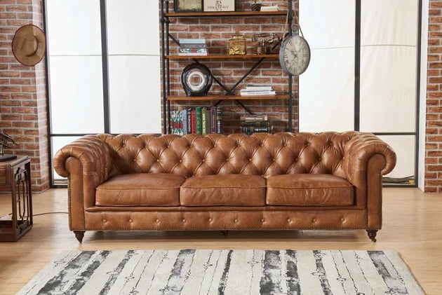 Antique Wood Hub Chesterfield sofa in Brown Leatherette, 3 Seater Sofa
