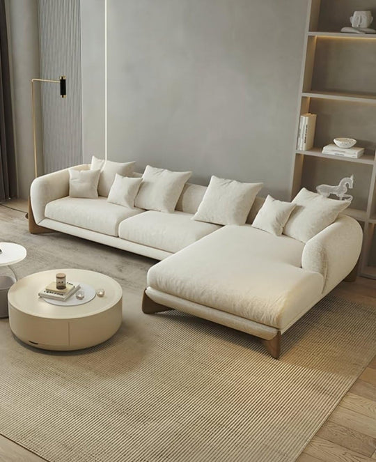 Antique Wood Hub sofa in Off White Boucle, 4 Seater Sectional Sofa (LHS)