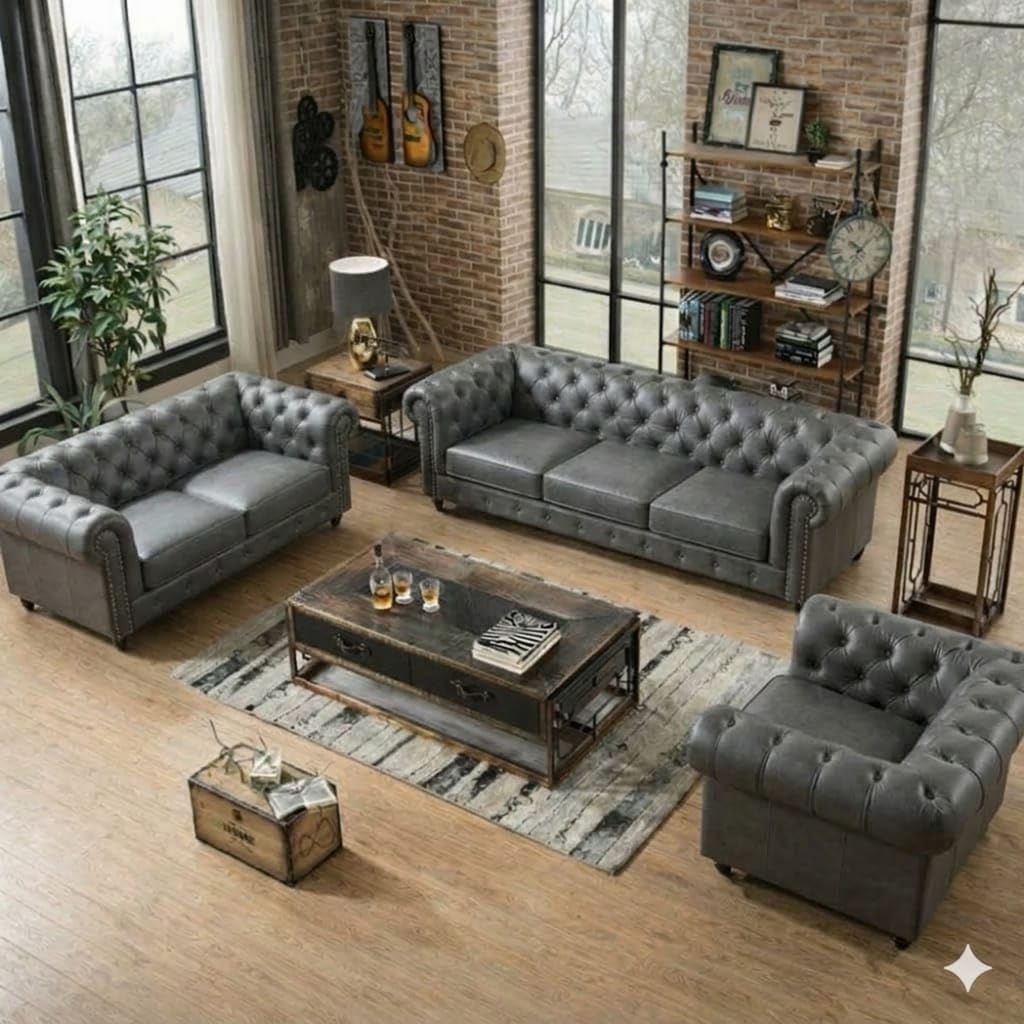 Antique Wood Hub Chesterfield sofa in Grey Leatherette, 3+2+1 = 6 Seater Sofa