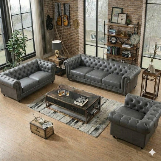 Antique Wood Hub Chesterfield sofa in Grey Leatherette, 3+2+1 = 6 Seater Sofa