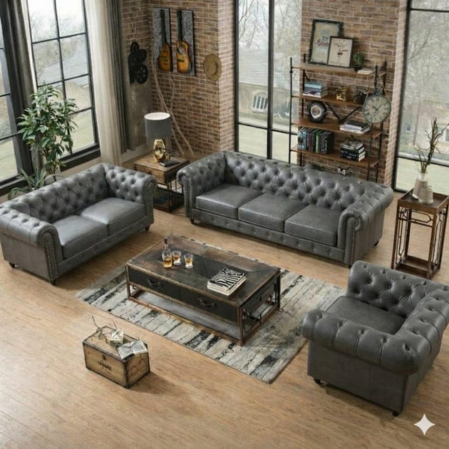 Antique Wood Hub Chesterfield sofa in Grey Leatherette, 3+2+1 = 6 Seater Sofa