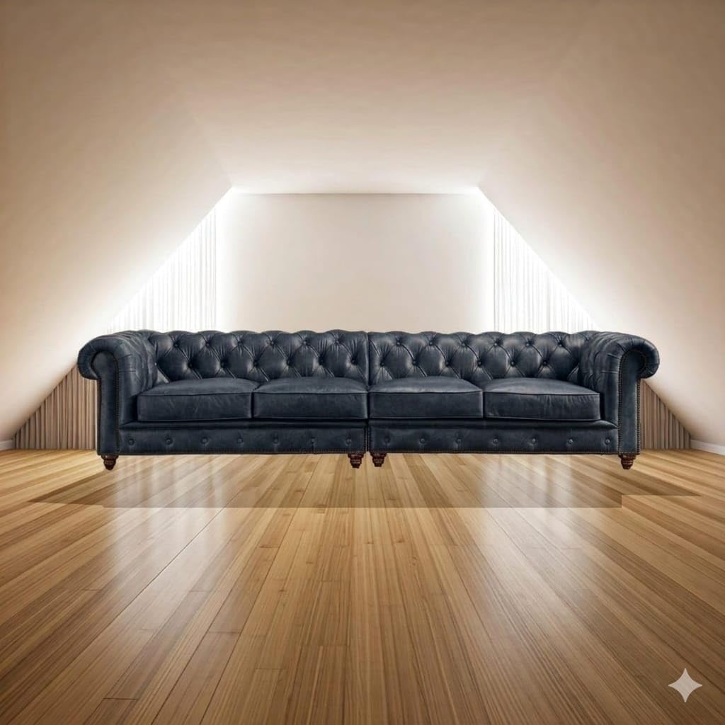 Antique Wood Hub Chesterfield sofa in Blue Leatherette, 2+2 = 4 Seater Sofa