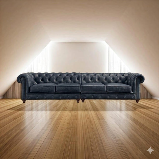 Antique Wood Hub Chesterfield sofa in Blue Leatherette, 2+2 = 4 Seater Sofa