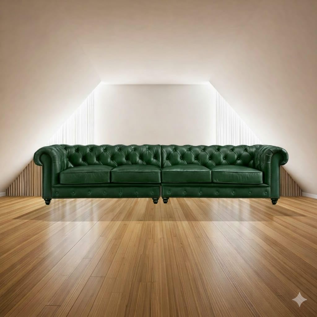 Antique Wood Hub Chesterfield sofa in Bottle Green Leatherette, 2+2 = 4 Seater Sofa