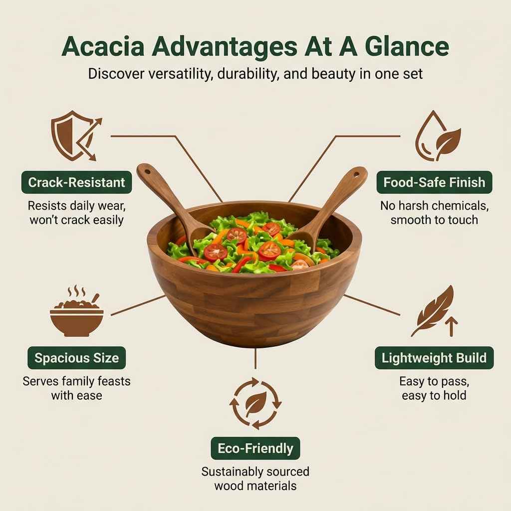 Acacia Wood Salad Bowl Set with 2 Serving Spoons | Large Wooden Fruit & Pasta Bowl | Rustic Kitchen Serving Bowl